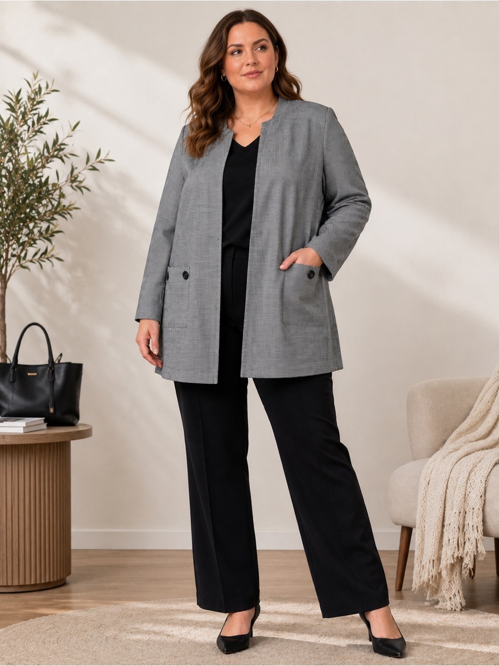 Bert Newman Gray Houndstooth Open Front Jacket‎ Blazer Career Office Size 14